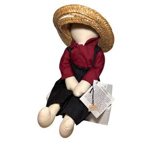 Handmade Amish Inspired Faceless Rag Doll With Straw Hat Red Black Outfit 16"